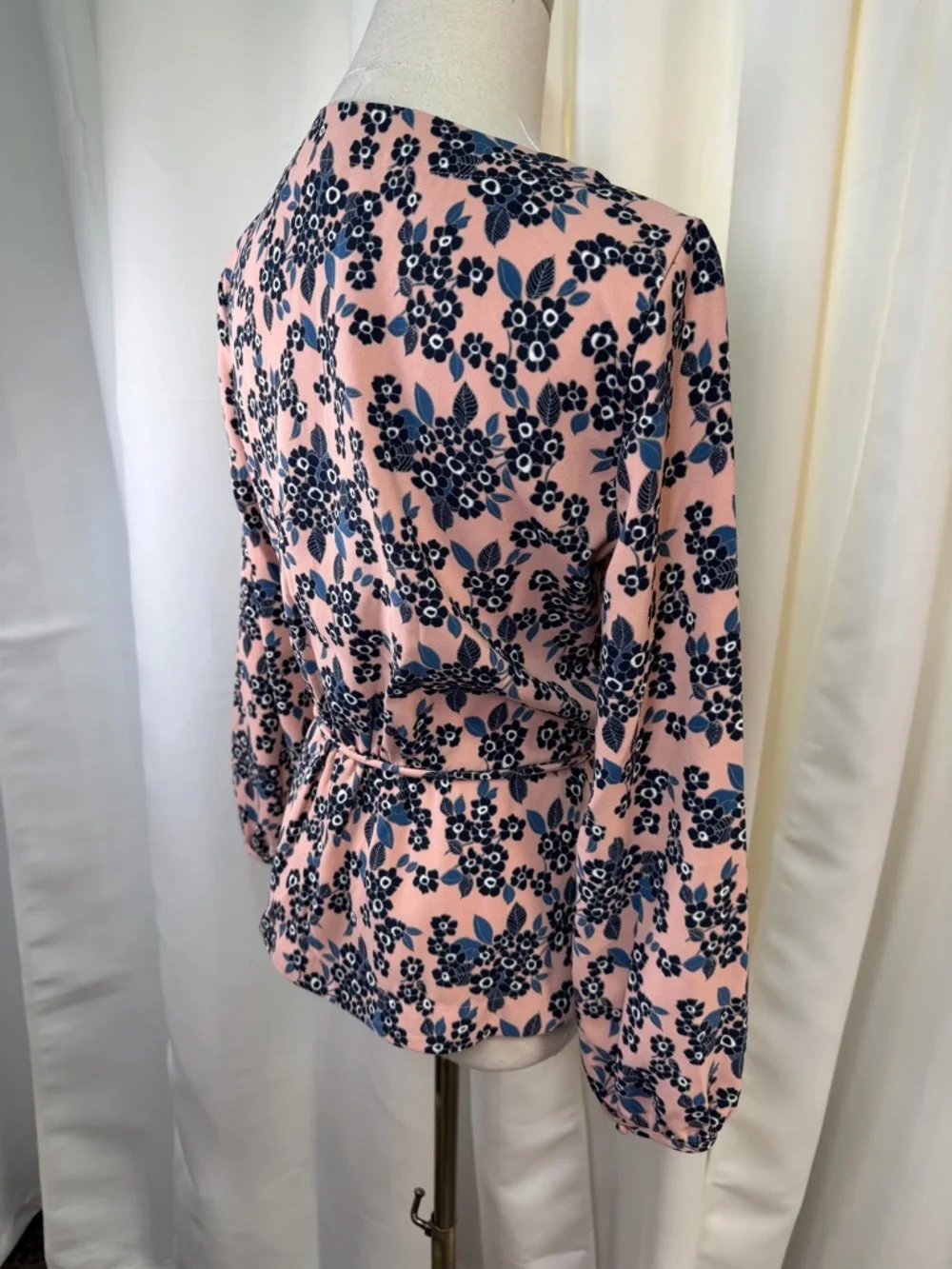 J. Crew Pink & Blue Floral Print Faux Wrap Crepe Blouson Sleeve Blouse Size 4